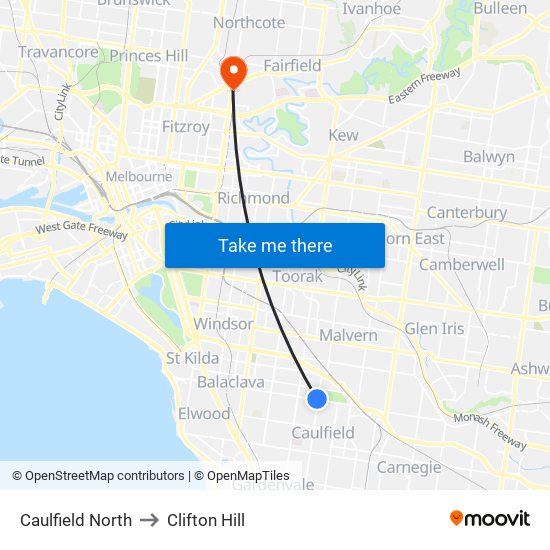 Caulfield North to Clifton Hill map