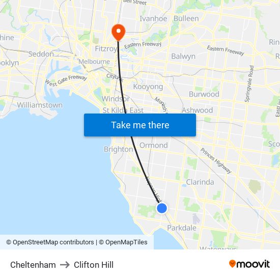 Cheltenham to Clifton Hill map