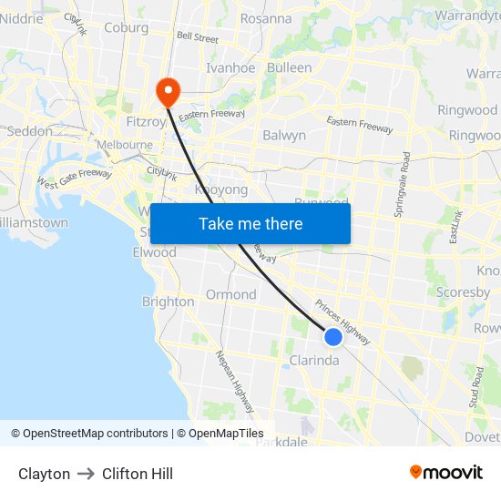 Clayton to Clifton Hill map