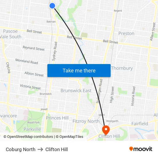 Coburg North to Clifton Hill map