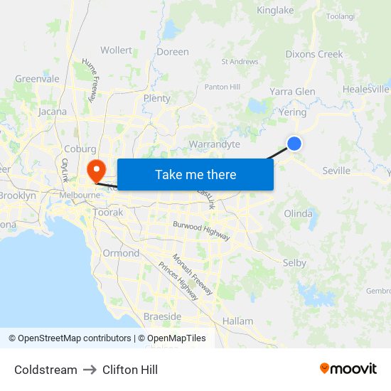 Coldstream to Clifton Hill map