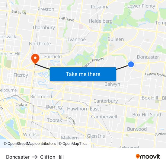 Doncaster to Clifton Hill map