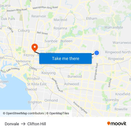 Donvale to Clifton Hill map