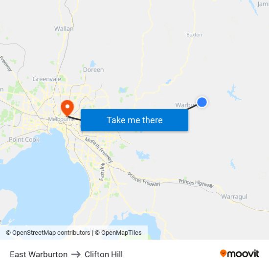 East Warburton to Clifton Hill map
