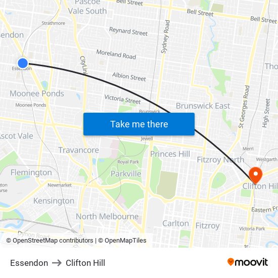 Essendon to Clifton Hill map
