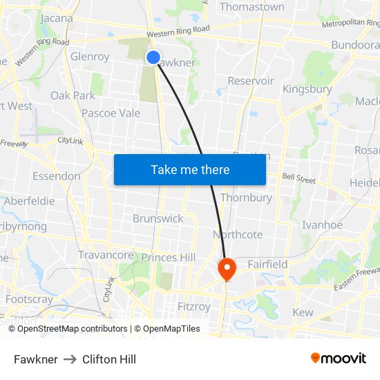 Fawkner to Clifton Hill map