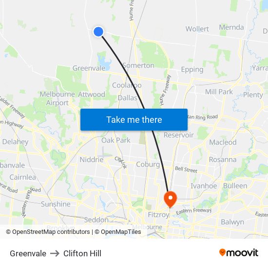 Greenvale to Clifton Hill map