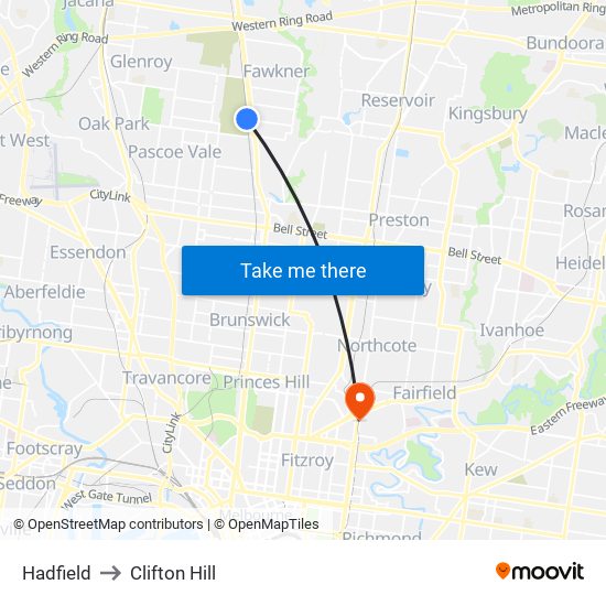 Hadfield to Clifton Hill map