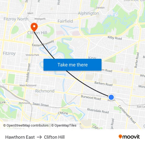 Hawthorn East to Clifton Hill map