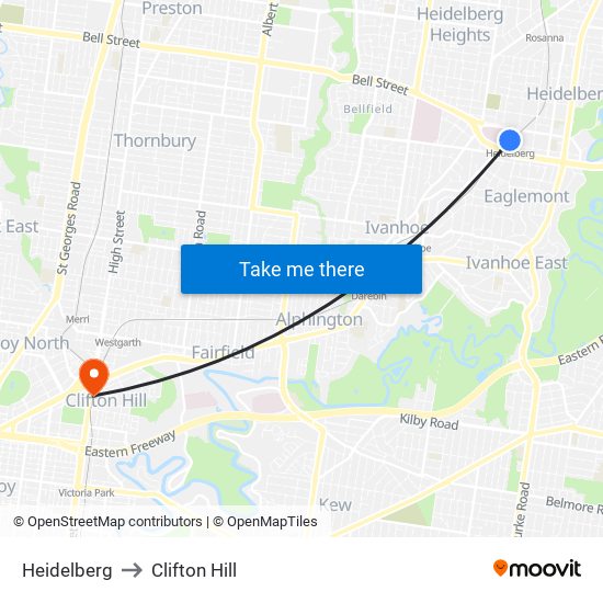 Heidelberg to Clifton Hill map