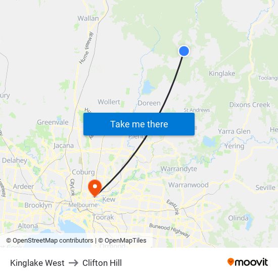 Kinglake West to Clifton Hill map