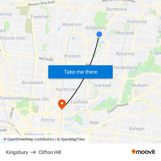 Kingsbury to Clifton Hill map