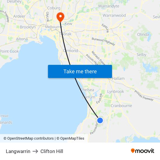 Langwarrin to Clifton Hill map