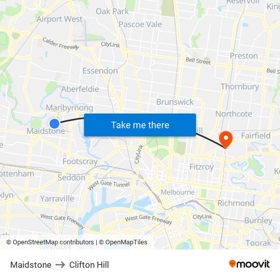 Maidstone to Clifton Hill map