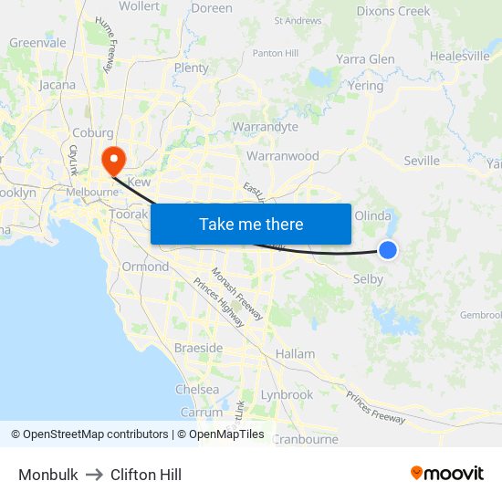 Monbulk to Clifton Hill map