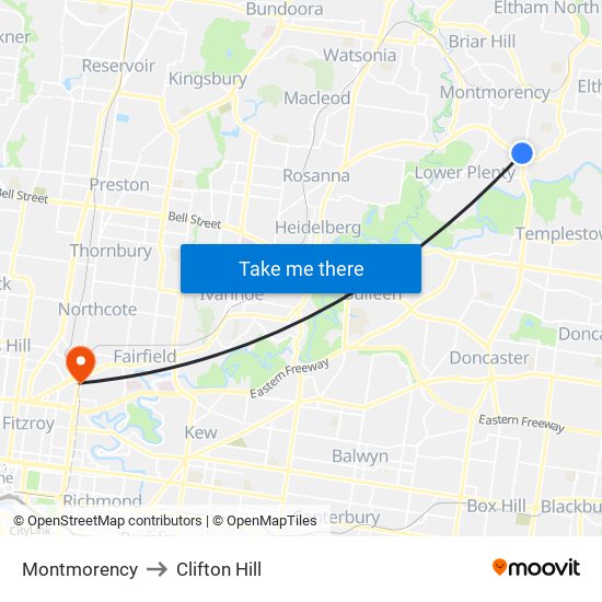 Montmorency to Clifton Hill map