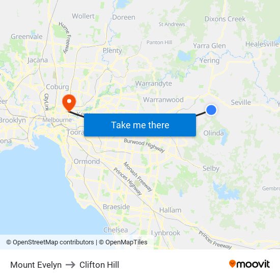 Mount Evelyn to Clifton Hill map