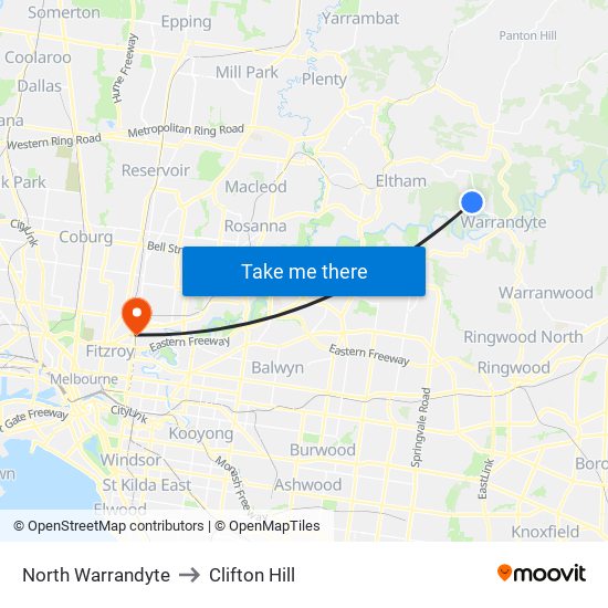 North Warrandyte to Clifton Hill map