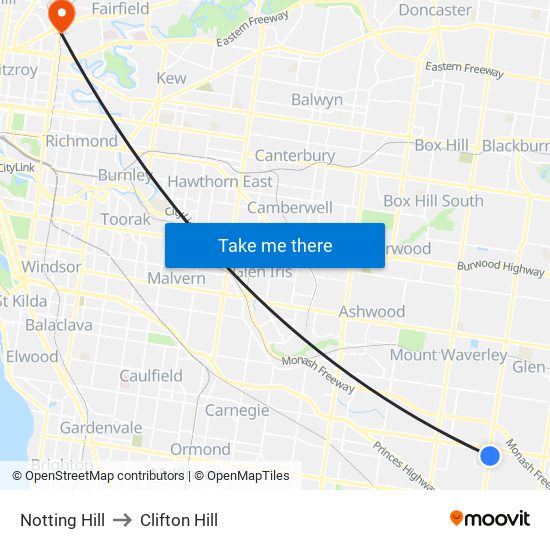 Notting Hill to Clifton Hill map
