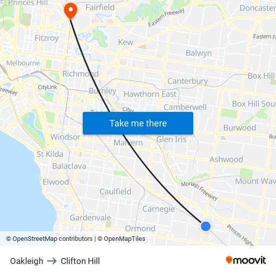 Oakleigh to Clifton Hill map