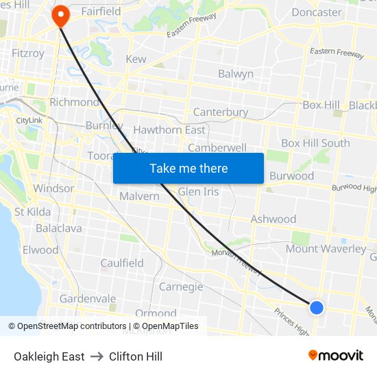 Oakleigh East to Clifton Hill map