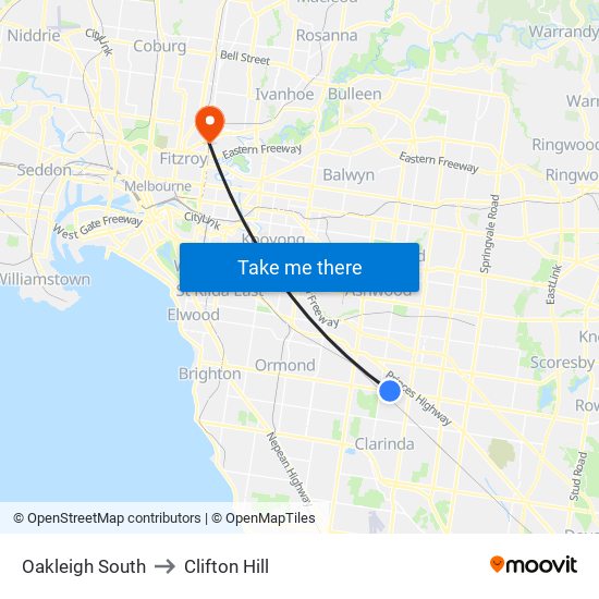 Oakleigh South to Clifton Hill map