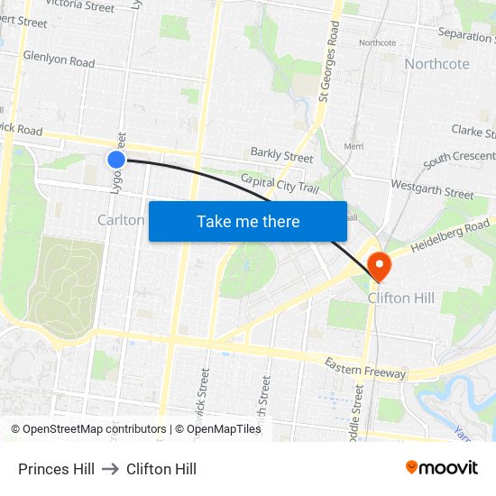 Princes Hill to Clifton Hill map