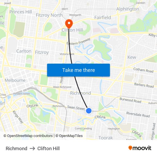 Richmond to Clifton Hill map