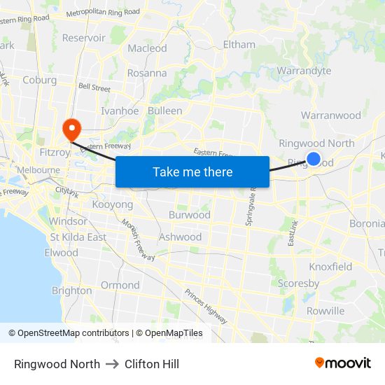 Ringwood North to Clifton Hill map