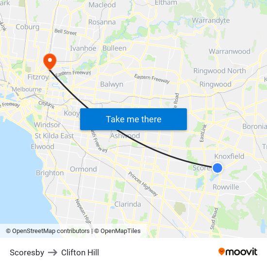 Scoresby to Clifton Hill map