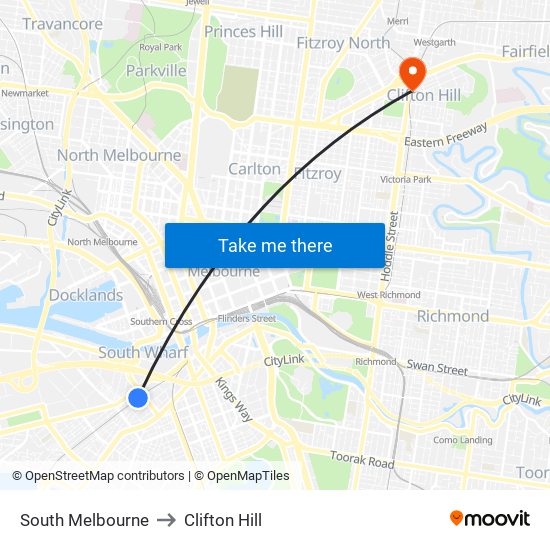 South Melbourne to Clifton Hill map