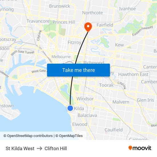 St Kilda West to Clifton Hill map
