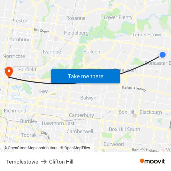 Templestowe to Clifton Hill map