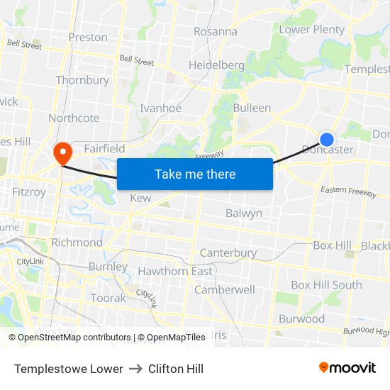 Templestowe Lower to Clifton Hill map