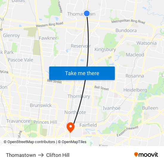 Thomastown to Clifton Hill map