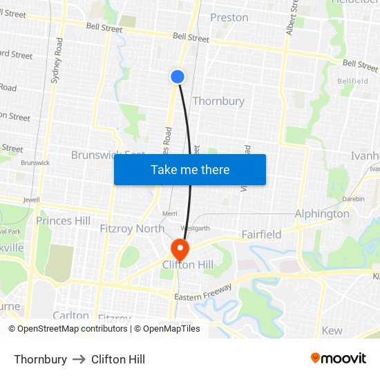 Thornbury to Clifton Hill map