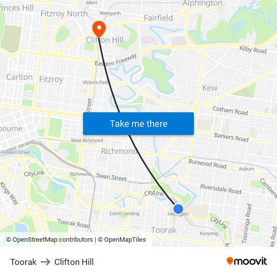 Toorak to Clifton Hill map