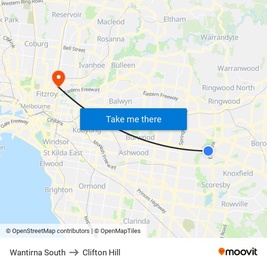 Wantirna South to Clifton Hill map