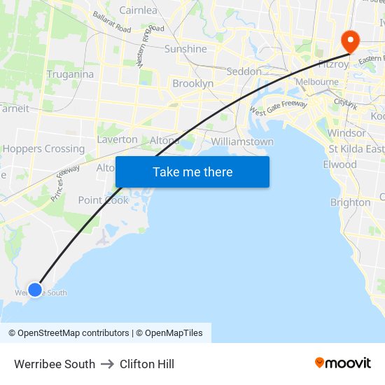 Werribee South to Clifton Hill map