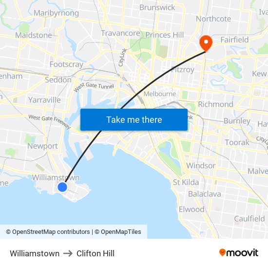 Williamstown to Clifton Hill map