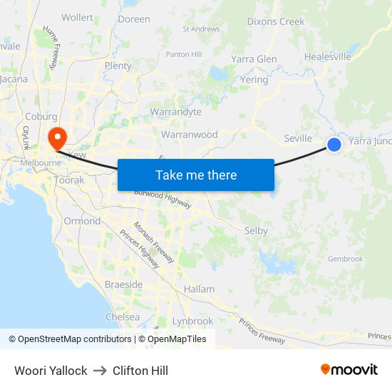 Woori Yallock to Clifton Hill map