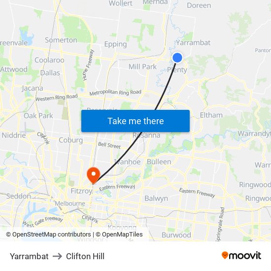 Yarrambat to Clifton Hill map