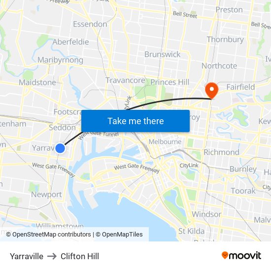 Yarraville to Clifton Hill map