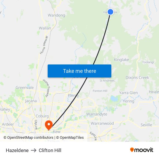 Hazeldene to Clifton Hill map