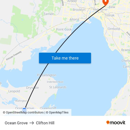 Ocean Grove to Clifton Hill map