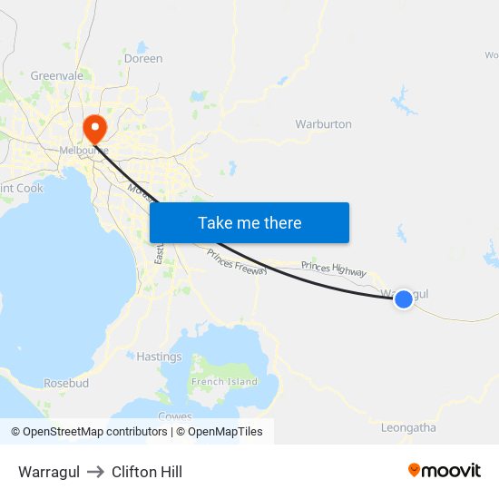 Warragul to Clifton Hill map