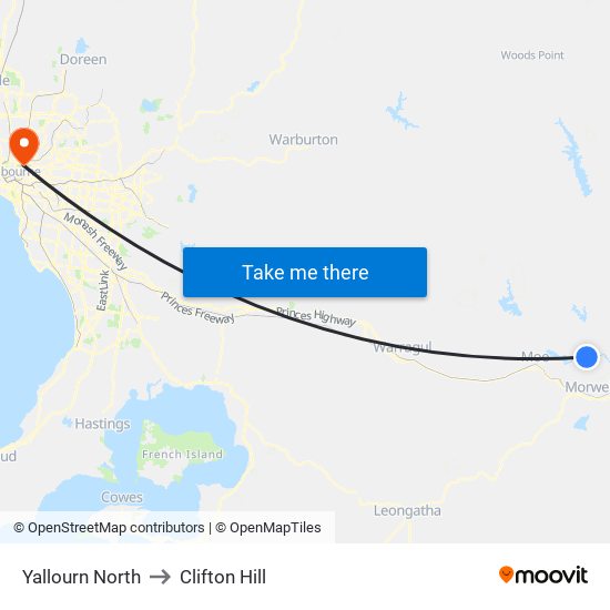 Yallourn North to Clifton Hill map