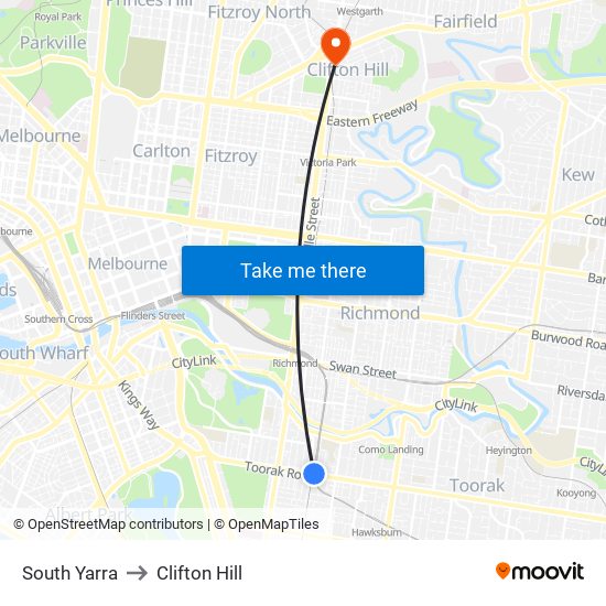 South Yarra to Clifton Hill map