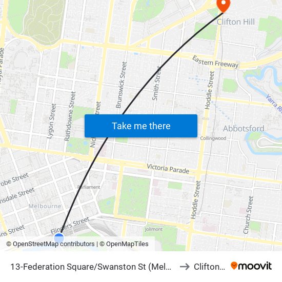 13-Federation Square/Swanston St (Melbourne City) to Clifton Hill map