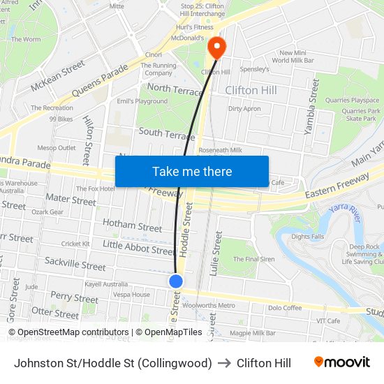 Johnston St/Hoddle St (Collingwood) to Clifton Hill map